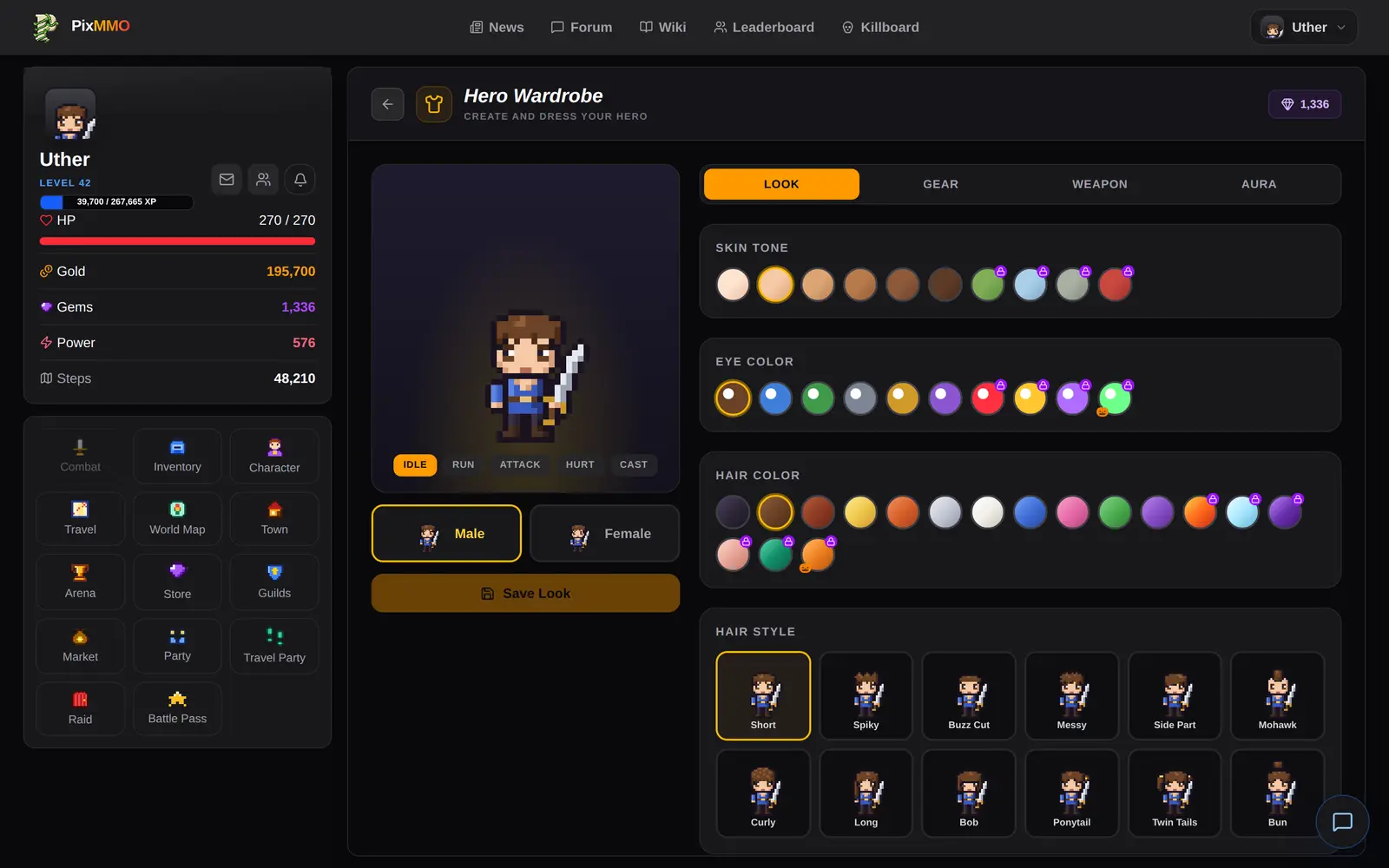Pixmmo-Heldengarderobe met opties voor huidskleur, oogkleur, haarkleur en kapsel